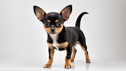 Obraz premium Black and tan smooth coat chihuahua dog on grey background