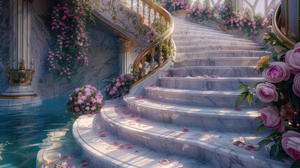 Marble white stairs with flower garlands, fantasy palace or heaven stone stair with floral decorations, fairytale princess castle interior, AI generated image