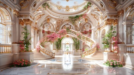 Marble white stairs with flower garlands, fantasy palace or heaven stone stair with floral decorations, fairytale princess castle interior, AI generated image