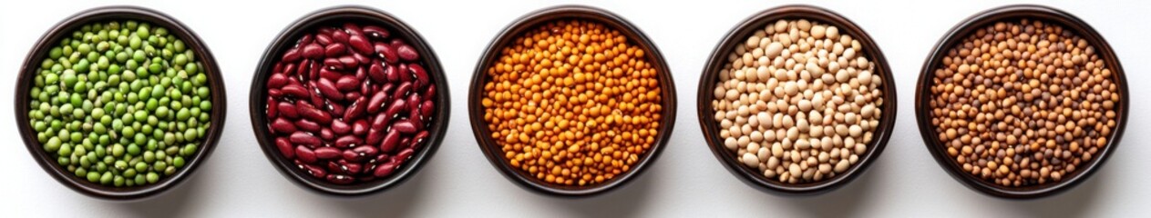 5 bowls of different types of beans, red and green split peas, yellow sliding tender buds on one plate and brown rye.
