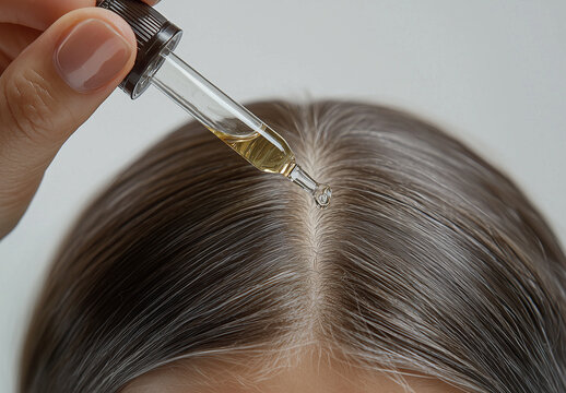 Close up of a woman applying hair growth serum for grey hair treatment in a beauty salon setting