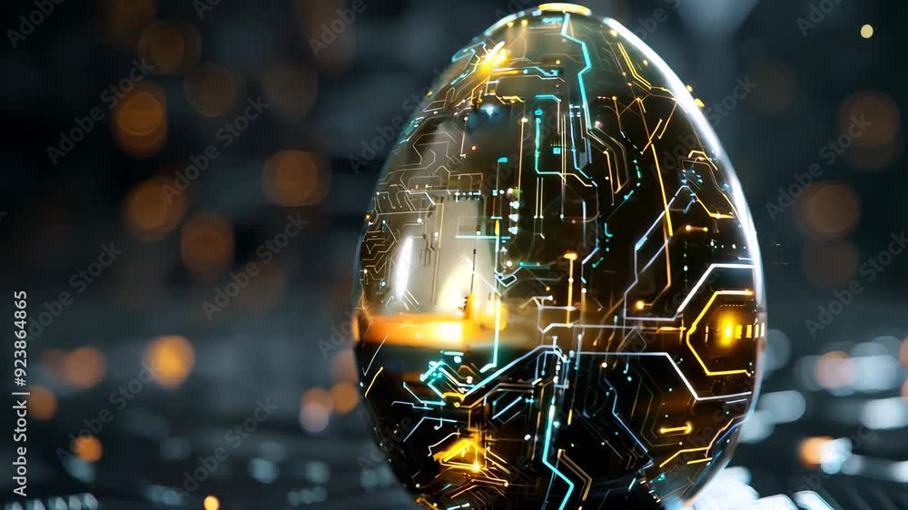Poster rotating futuristic egg with glowing circuitry in sci-fi setting