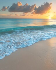 A realistic photo of a serene beach with calm waves and a vibrant sky