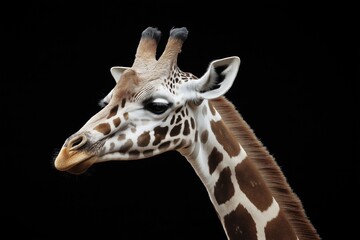 Obraz premium Photo of a giraffe isolated against a black background, emphasising the giraffe's majestic features. Wildlife and conservation concept, space for copy.