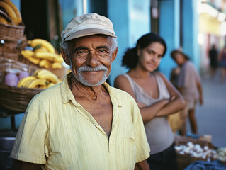 Obraz premium Cuban shopkeeper smiling with family at fruit stand