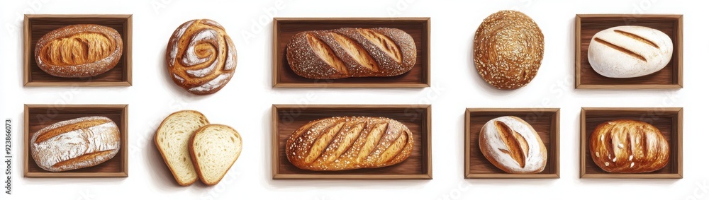 Poster set of different types and shapes fresh bread in wooden boxes isolated on white background