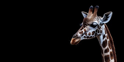 Obraz premium Photo of a giraffe isolated against a black background, emphasising the giraffe's majestic features. Wildlife and conservation concept, space for copy.