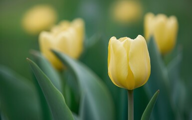 Naklejka premium Yellow Tulip with a Softly Blurred Green Background,background, nature, flowers,.wallpaper,.wedding.