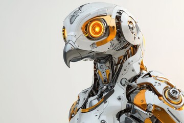Fototapeta premium Futuristic robot with owl features, showcasing metallic design and bright orange accents against a neutral background.