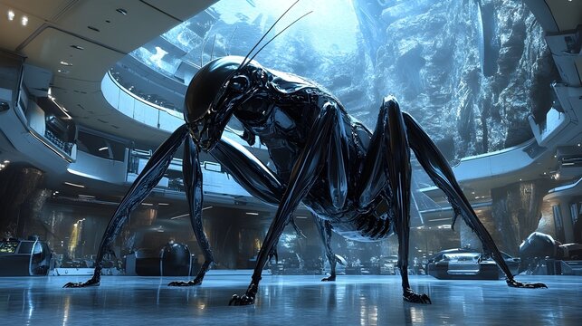 Evolved Praying Mantis Creature in a Luxurious Futuristic Building