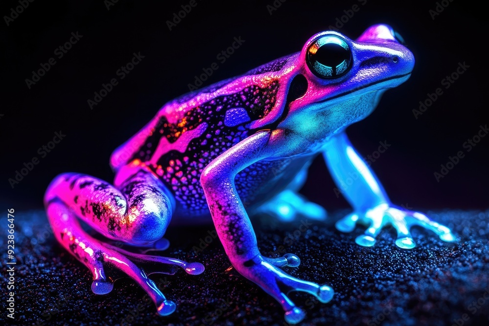 Poster A vibrant and colorful frog illuminated in neon lights against a dark background, showcasing its unique patterns and features.