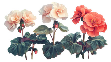 High-quality illustration of elegant begonia flowers, perfectly isolated against a transparent background, highlighting their delicate petals and lush foliage.