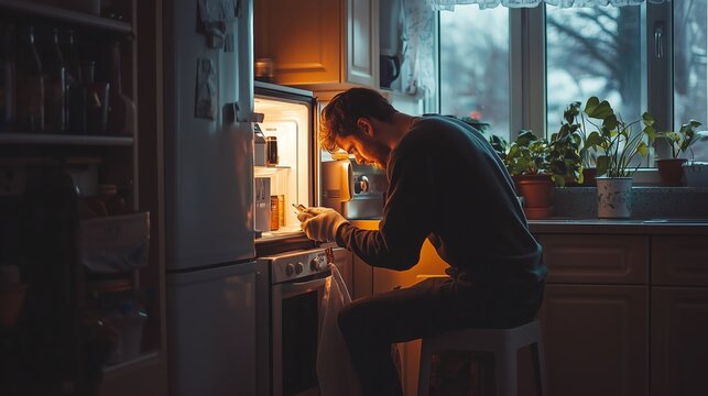 A man prepares a late-night snack in a dimly lit kitchen while seated on a stool by the open refrigerator - Powered by Adobe