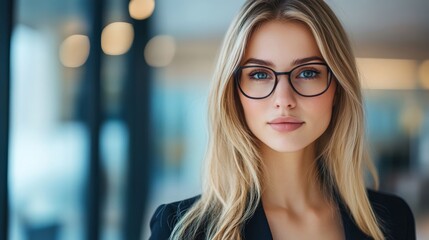 Elegant woman in business attire with blurred office background