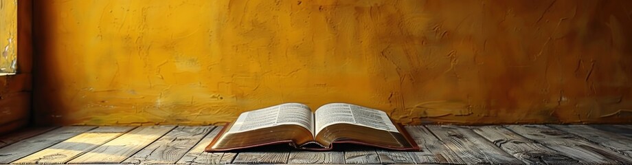 Open Book on Wooden Table Against Yellow Wall