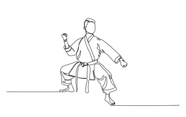 One continuous line drawing karateka fighter in kimono practicing karate kick combat. Karateka sport single line illustration.