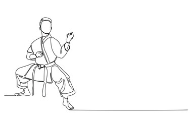 One continuous line drawing karateka fighter in kimono practicing karate kick combat. Karateka sport single line illustration.