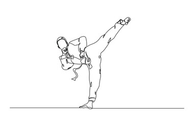 One continuous line drawing karateka fighter in kimono practicing karate kick combat. Karateka sport single line illustration.