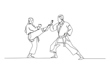 One continuous line drawing karateka fighting. Karateka sport single line illustration.