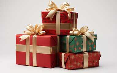Obraz premium Festively wrapped Christmas gifts in red, green, and white with elegant ribbons