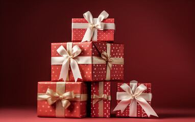 Fototapeta premium A pile of wrapped Christmas gift boxes with white ribbons on a clear background