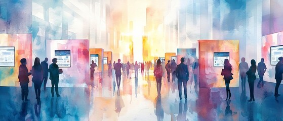 A panoramic view of an online job fair, with recruiters and job seekers interacting through video conferencing booths