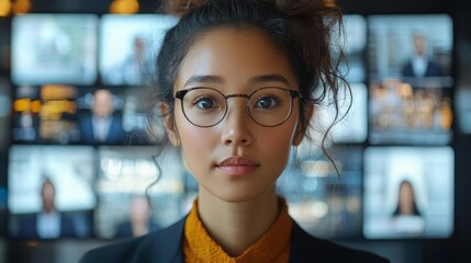 A recruiter interviewing a candidate from another country via video call, with a modern office setup in the background