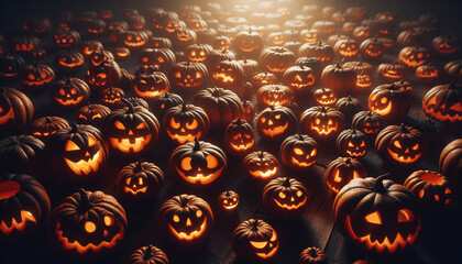 Jack-O-Lantern pumpkins filled-up dark creepy street Elm Street alike, Halloween chilling thrilling background wallpaper illustration