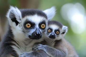 Obraz premium Two curious lemurs with wide eyes sit among leaves in a forest setting.