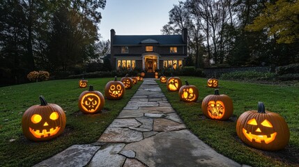 Elegant Halloween pathway lined with pumpkin lanterns