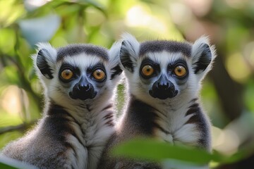 Obraz premium Two curious lemurs with wide eyes sit among leaves in a forest setting.