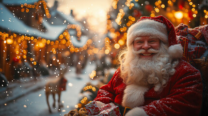 Winter Christmas celebration with decorated houses and Santa Claus on a snowy American street