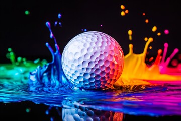 A golf ball in the water with colorful paint splashes