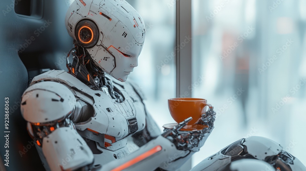 Poster a humanoid robot sits by a window and enjoys a cup of coffee.