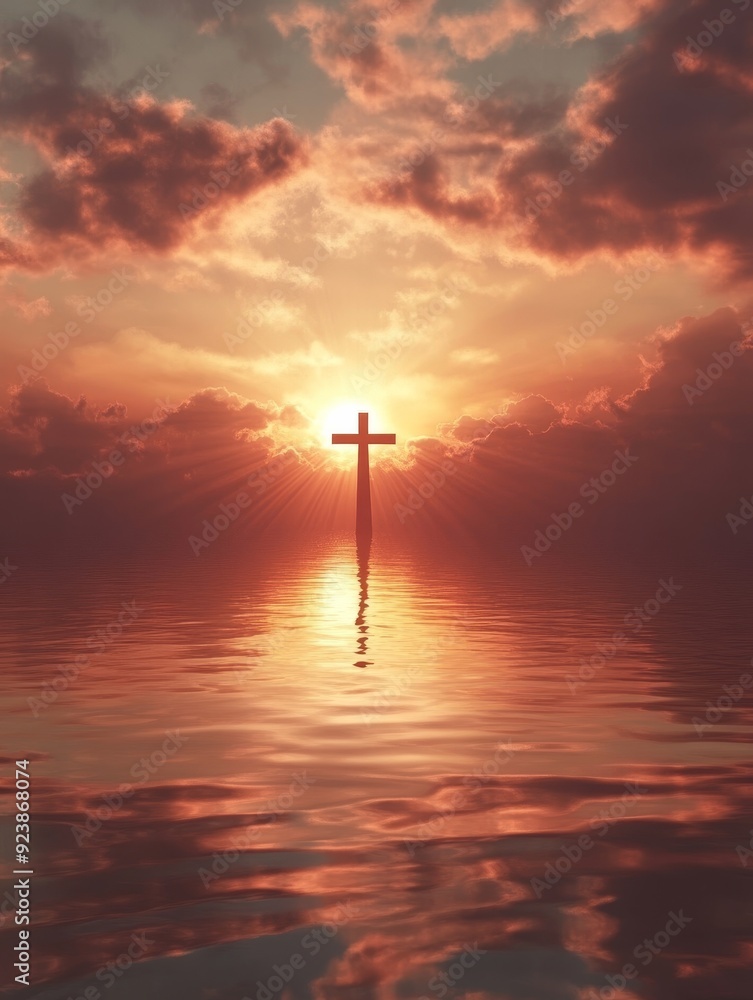 Sticker Cross Silhouette at Sunset Over Water - A silhouette of a cross stands tall against a fiery sunset, its reflection shimmering on the water below. This image represents faith, hope, and the beauty of n