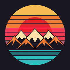 Retro Sunset with Mountain Range art vector illustration