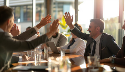 Happy business team celebrating success with high fives in a bright board room during a meeting