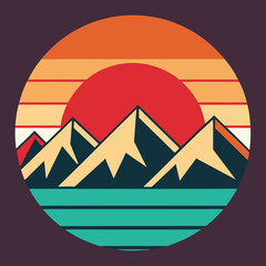 Retro Sunset with Mountain Range art vector illustration