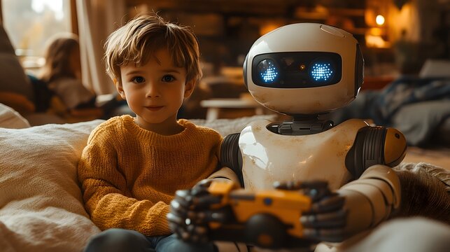 Robot Entertaining Kids: A 16:9 image of a robot playing games with children in a smart home living room, with smart toys and interactive devices around.
