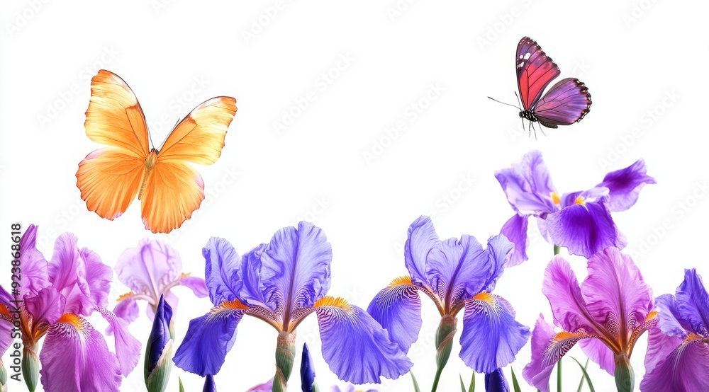Aufkleber a vibrant and lively display of butterflies gracefully hovering above stunning irises, creating a se