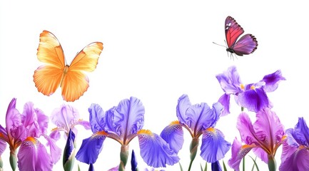 A vibrant and lively display of butterflies gracefully hovering above stunning irises, creating a serene and calming atmosphere, with ample copy space available for various creative and artistic uses