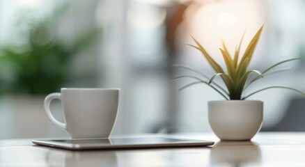 Obraz premium White Coffee Mug and Small Potted Plant on a Table in a Modern Cafe