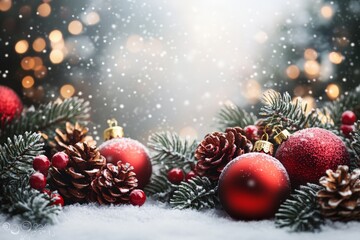 Festive Christmas scene with red ornaments, pinecones, and snow-covered branches.