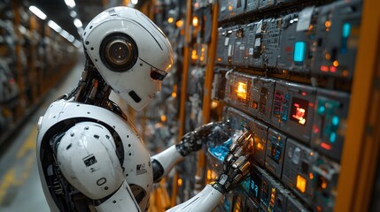 Fototapeta premium Robot Sorting Recycling: A 16:9 image of a robot sorting recycling and waste in a smart homes eco-friendly system.