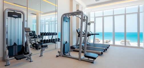 Modern fitness center with state-of-the-art equipment, large mirrors, and a view of the ocean, modern resort, wellness facility