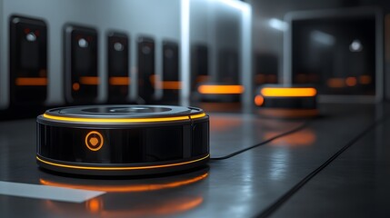 Robot Vacuum Docking: A 16:9 image of a robot vacuum docking at its charging station in a smart home, with other cleaning robots visible.