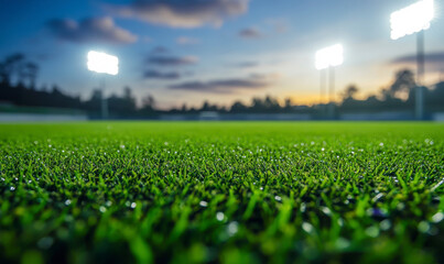 The football stadium lights were shining on the green grass field background.