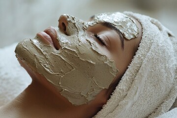 A relaxing spa session where a person enjoys a clay body mask treatment in a minimalistic setting. The clean lines and neutral colors of the space create a soothing atmosphere. The focus is on the