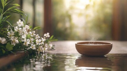 A serene spa environment where a person is seen soaking in a luxurious bath with natural oils and herbs. The setting is minimal and elegant, with soft light illuminating the peaceful atmosphere. The