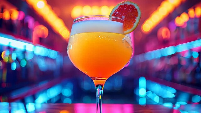 Vibrant cocktail on bar counter with neon background in nightclub